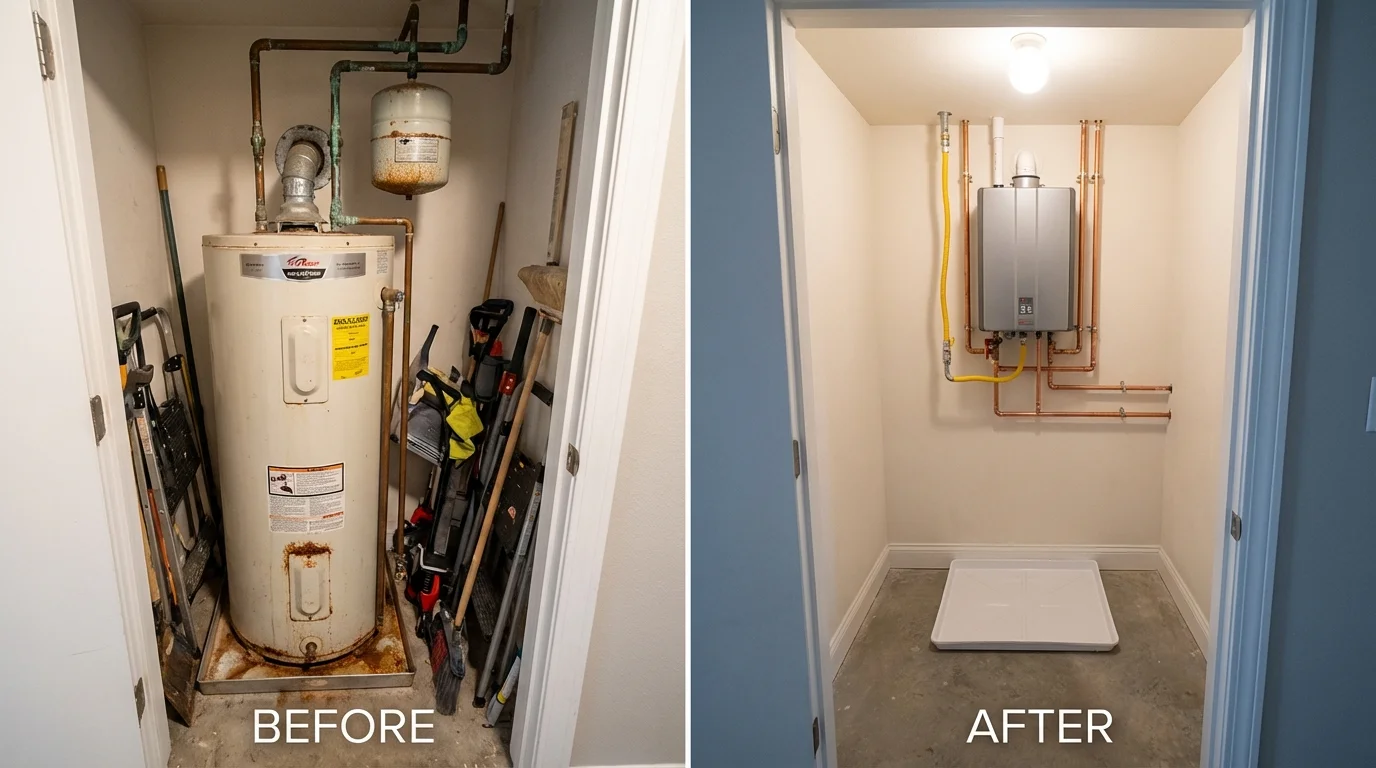 Tank water heater versus wall-mounted tankless unit comparison for Owensville, IN homeowners