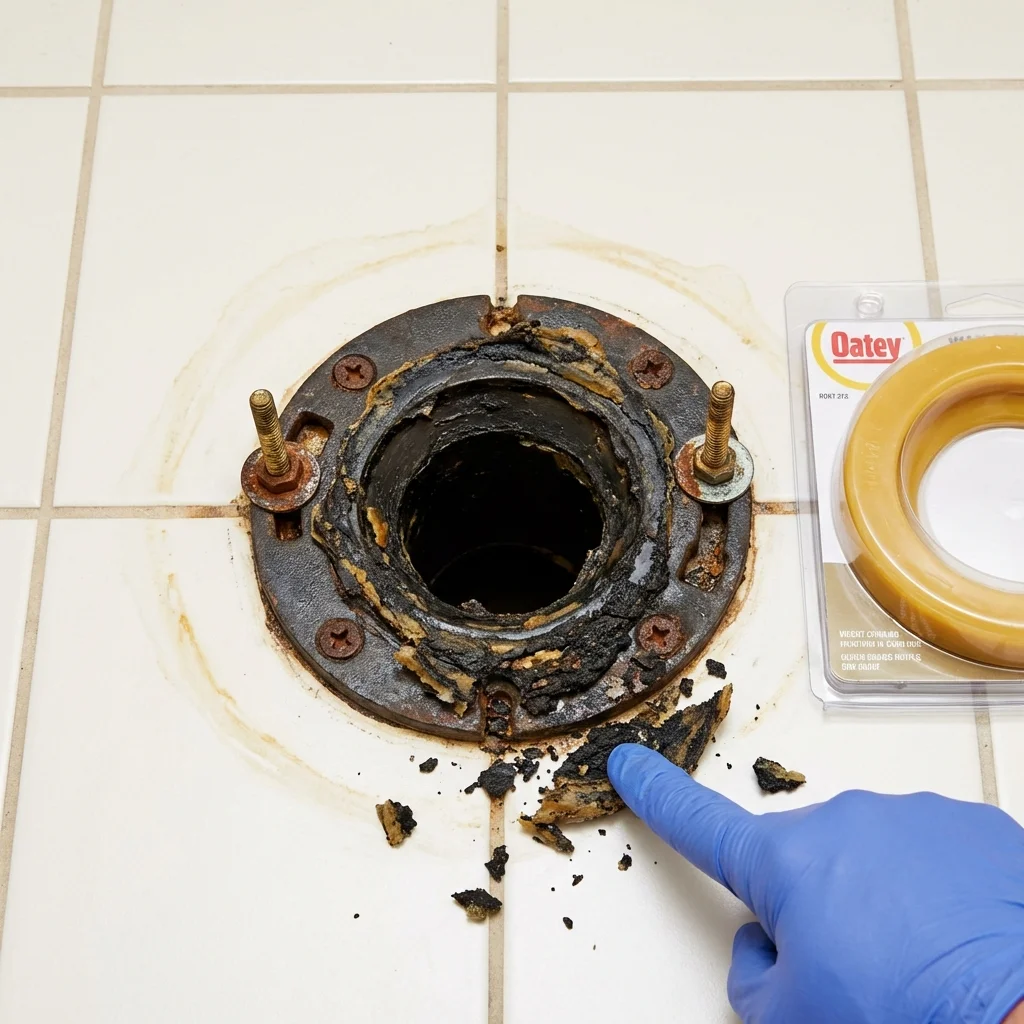 Failed wax ring showing water seepage at the base of a toilet in a Owensville, IN home
