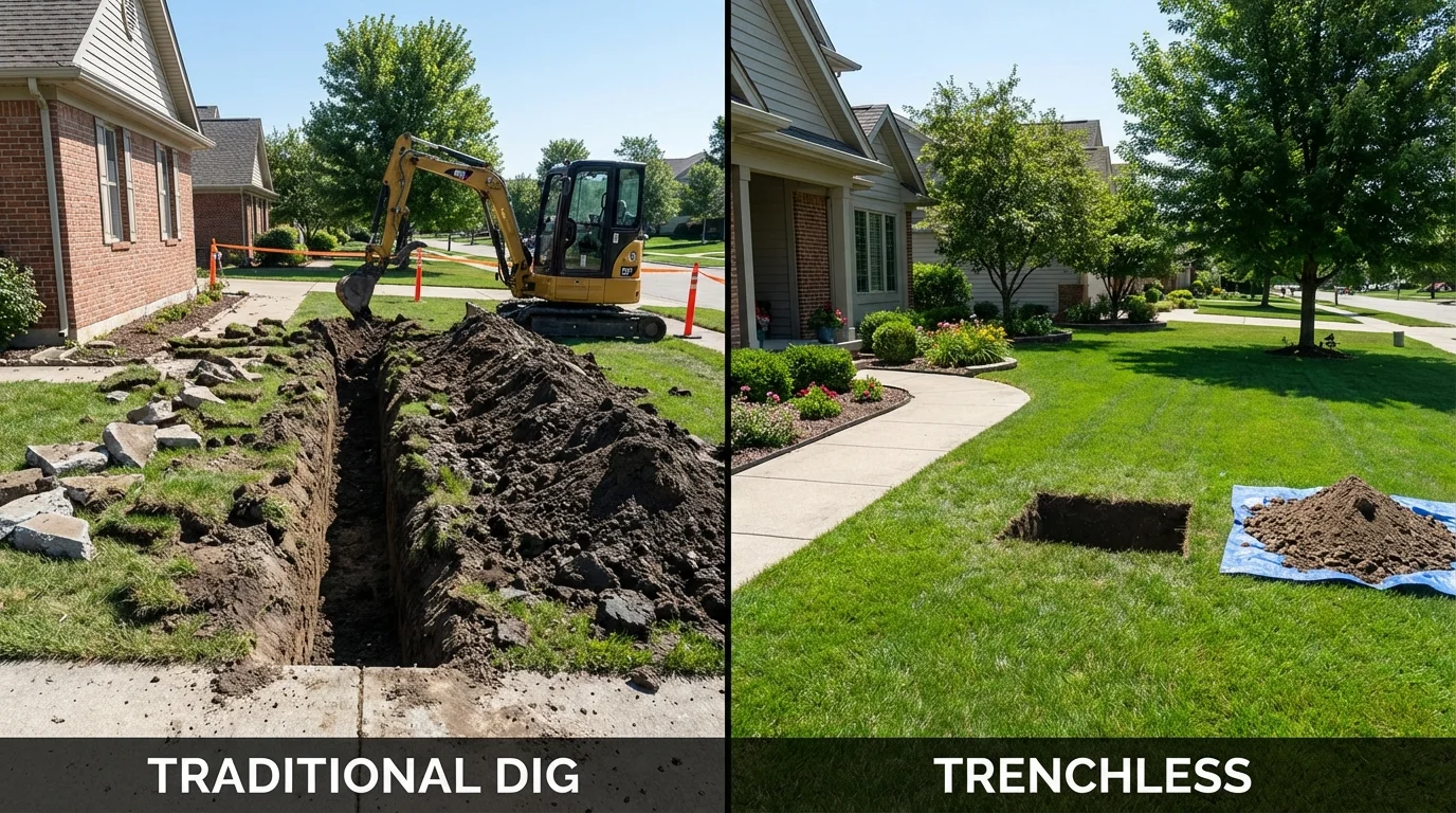 Trenchless sewer repair with minimal yard damage versus traditional excavation in Owensville, IN