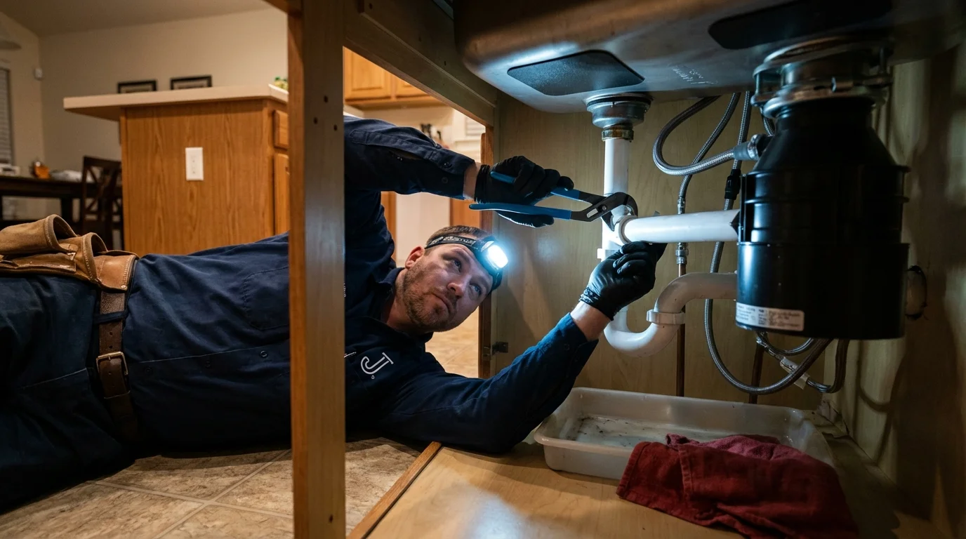 P-trap and supply line connections under a kitchen sink showing a common leak point in Owensville, IN